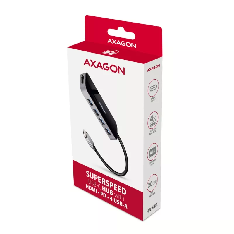 Axagon HMC-6H4A USB 3.2 Gen 1 centras, 4x USB-A, HDMI 4K/30Hz, PD 100W, 20cm USB-C laidas
