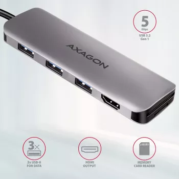 Axagon HMC-HCR3A 3x USB-A + HDMI + SD/microSD USB-C 3.2 Gen 1 hub 20 cm laidinis USB 3.2 Gen 1 (3.1 Gen 1) Type-C pilka
