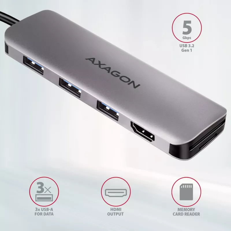 Axagon HMC-HCR3A 3x USB-A + HDMI + SD/microSD USB-C 3.2 Gen 1 hub 20 cm laidinis USB 3.2 Gen 1 (3.1 Gen 1) Type-C pilka
