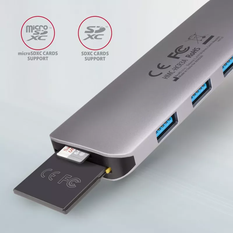 Axagon HMC-HCR3A 3x USB-A + HDMI + SD/microSD USB-C 3.2 Gen 1 hub 20 cm laidinis USB 3.2 Gen 1 (3.1 Gen 1) Type-C pilka