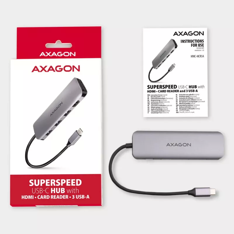 Axagon HMC-HCR3A 3x USB-A + HDMI + SD/microSD USB-C 3.2 Gen 1 hub 20 cm laidinis USB 3.2 Gen 1 (3.1 Gen 1) Type-C pilka
