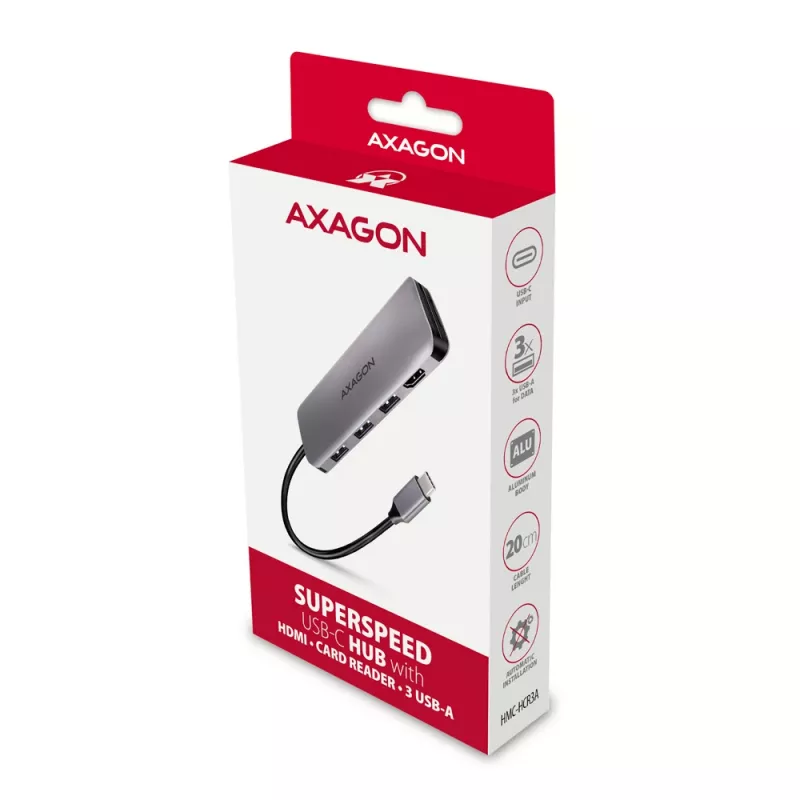 Axagon HMC-HCR3A 3x USB-A + HDMI + SD/microSD USB-C 3.2 Gen 1 hub 20 cm laidinis USB 3.2 Gen 1 (3.1 Gen 1) Type-C pilka