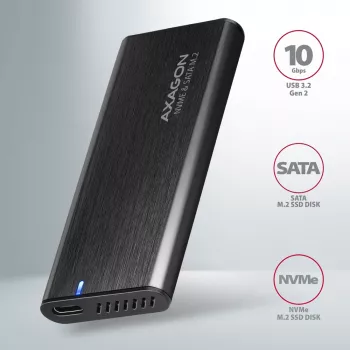 Axagon EEM2-SB2 išorinis USB-C 3.2 Gen 2 metalinis dėklas M.2 NVMe ir SATA SSD diskams, be varžtų