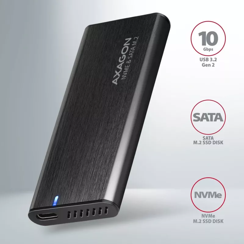 Axagon EEM2-SB2 išorinis USB-C 3.2 Gen 2 metalinis dėklas M.2 NVMe ir SATA SSD diskams, be varžtų