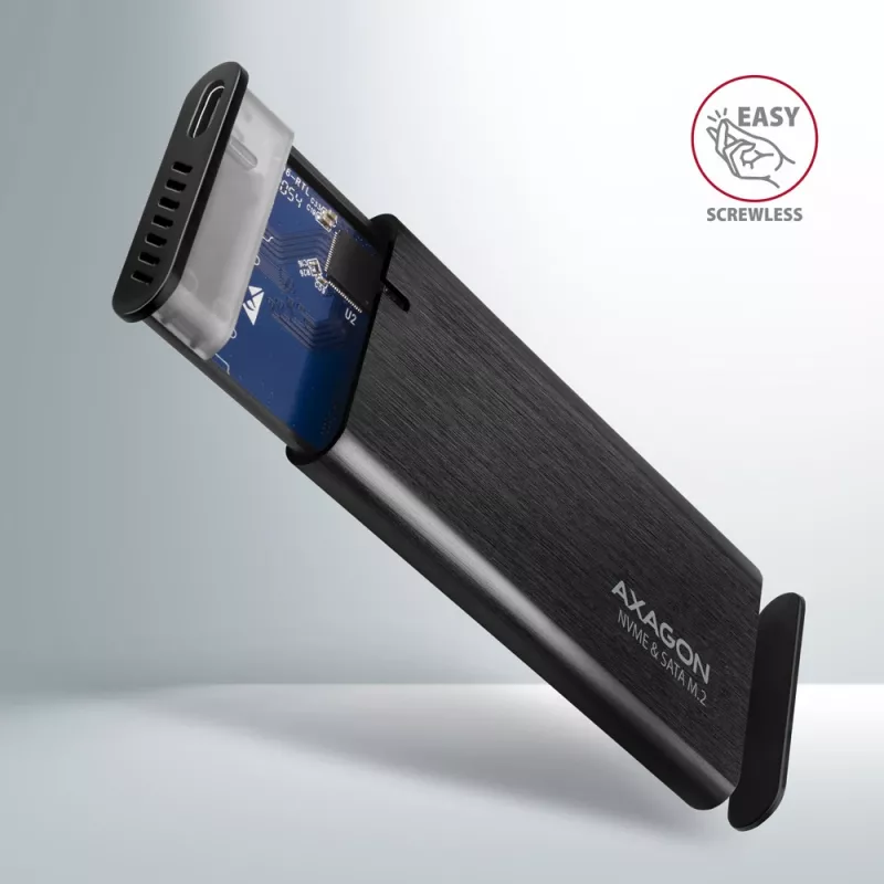 Axagon EEM2-SB2 išorinis USB-C 3.2 Gen 2 metalinis dėklas M.2 NVMe ir SATA SSD diskams, be varžtų