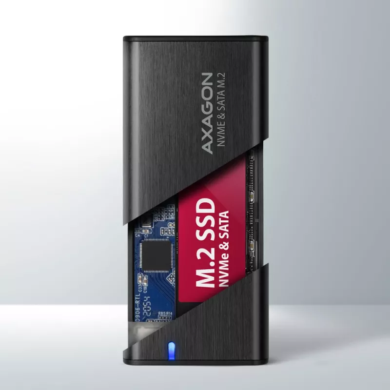 Axagon EEM2-SB2 išorinis USB-C 3.2 Gen 2 metalinis dėklas M.2 NVMe ir SATA SSD diskams, be varžtų