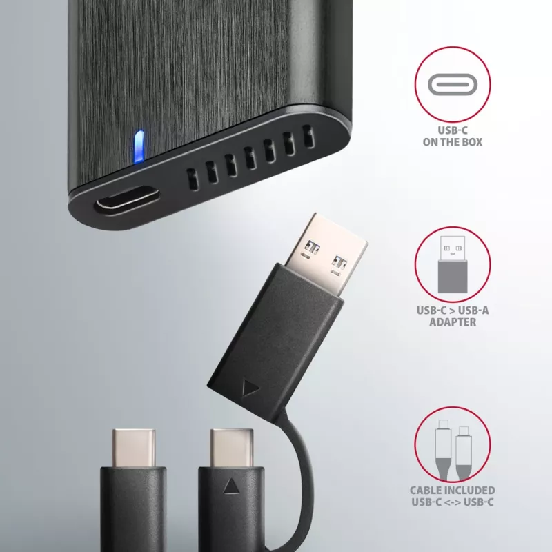 Axagon EEM2-SB2 išorinis USB-C 3.2 Gen 2 metalinis dėklas M.2 NVMe ir SATA SSD diskams, be varžtų