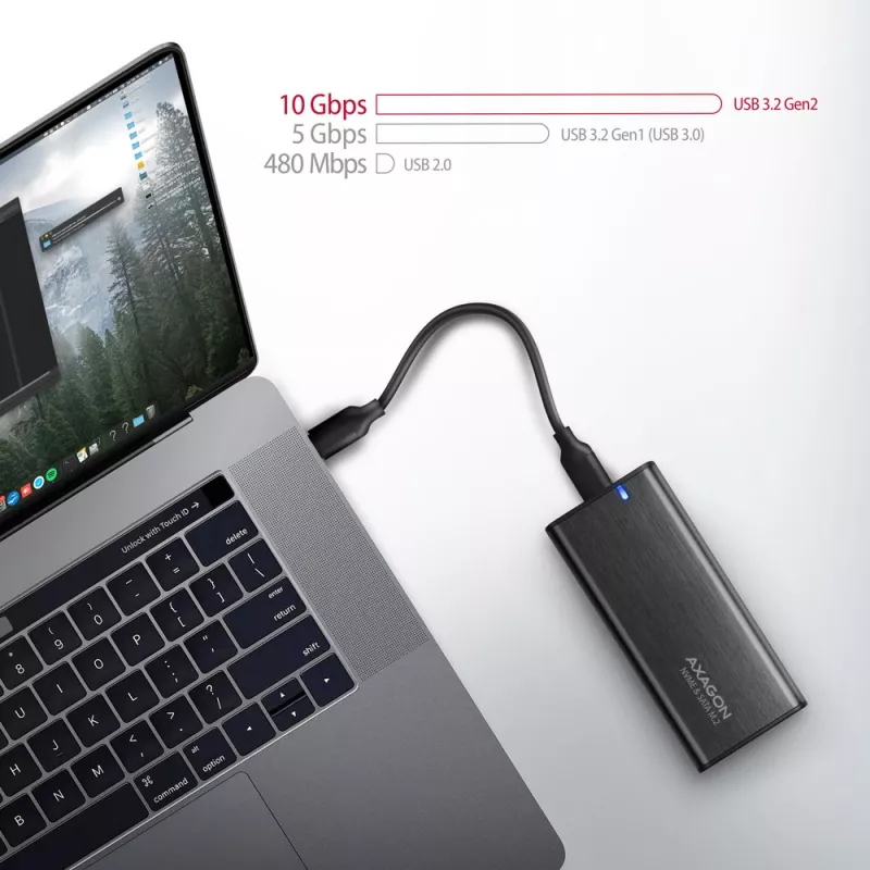 Axagon EEM2-SB2 išorinis USB-C 3.2 Gen 2 metalinis dėklas M.2 NVMe ir SATA SSD diskams, be varžtų