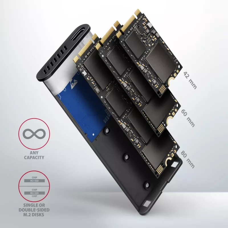 Axagon EEM2-SB2 išorinis USB-C 3.2 Gen 2 metalinis dėklas M.2 NVMe ir SATA SSD diskams, be varžtų