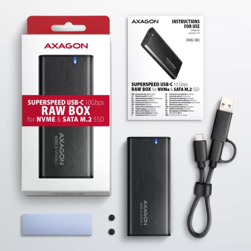 Axagon EEM2-SB2 išorinis USB-C 3.2 Gen 2 metalinis dėklas M.2 NVMe ir SATA SSD diskams, be varžtų