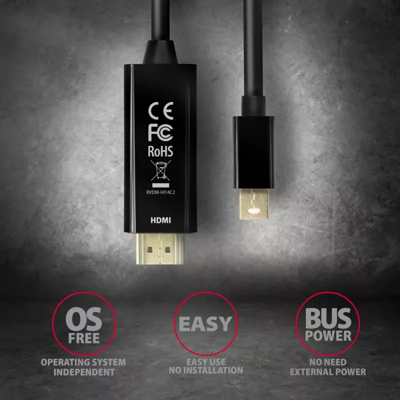 Axagon RVDM-HI14C2 Mini DisplayPort į HDMI adapterio laidas 4K 30Hz 1,8m