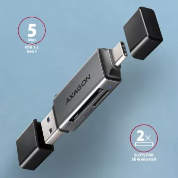 Axagon CRE-DAC USB-C+ USB-A 5 Gbps MINI 2 lizdų SD/microSD kortelių skaitytuvas USB 3.0 Type-A/Type-C pilka
