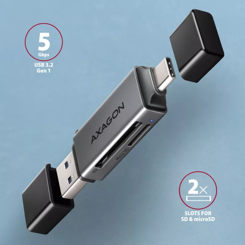 Axagon CRE-DAC USB-C+ USB-A 5 Gbps MINI 2 lizdų SD/microSD kortelių skaitytuvas USB 3.0 Type-A/Type-C pilka