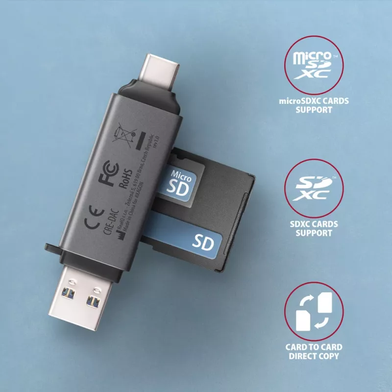 Axagon CRE-DAC USB-C+ USB-A 5 Gbps MINI 2 lizdų SD/microSD kortelių skaitytuvas USB 3.0 Type-A/Type-C pilka