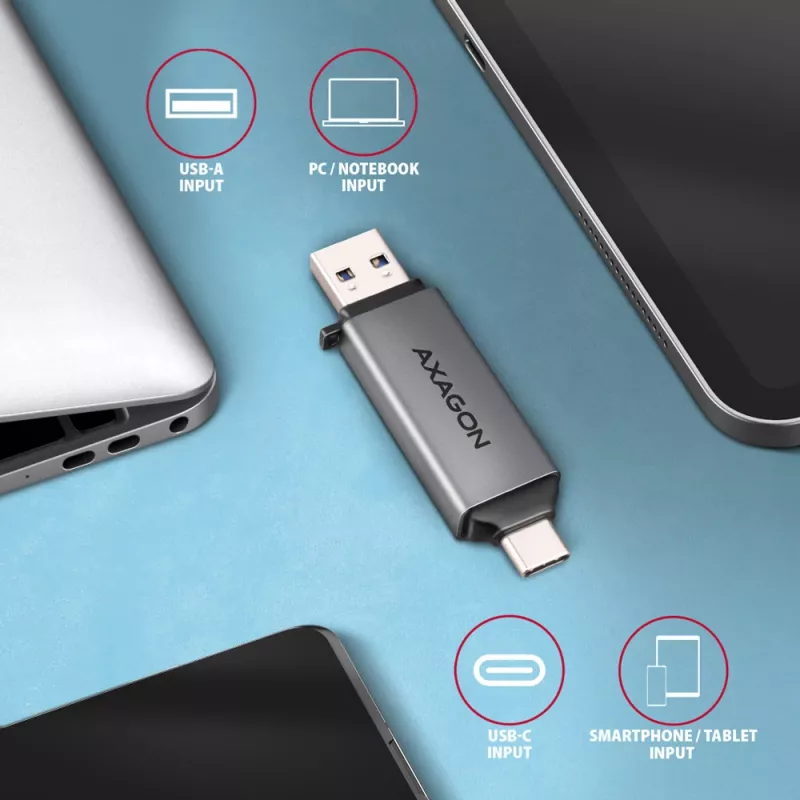 Axagon CRE-DAC USB-C+ USB-A 5 Gbps MINI 2 lizdų SD/microSD kortelių skaitytuvas USB 3.0 Type-A/Type-C pilka