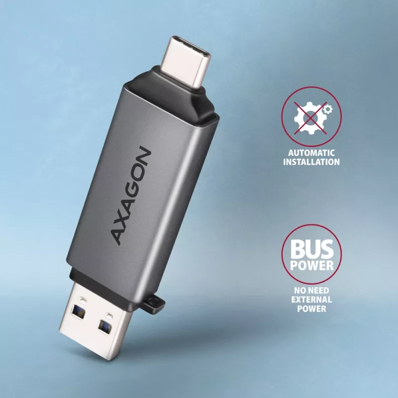 Axagon CRE-DAC USB-C+ USB-A 5 Gbps MINI 2 lizdų SD/microSD kortelių skaitytuvas USB 3.0 Type-A/Type-C pilka