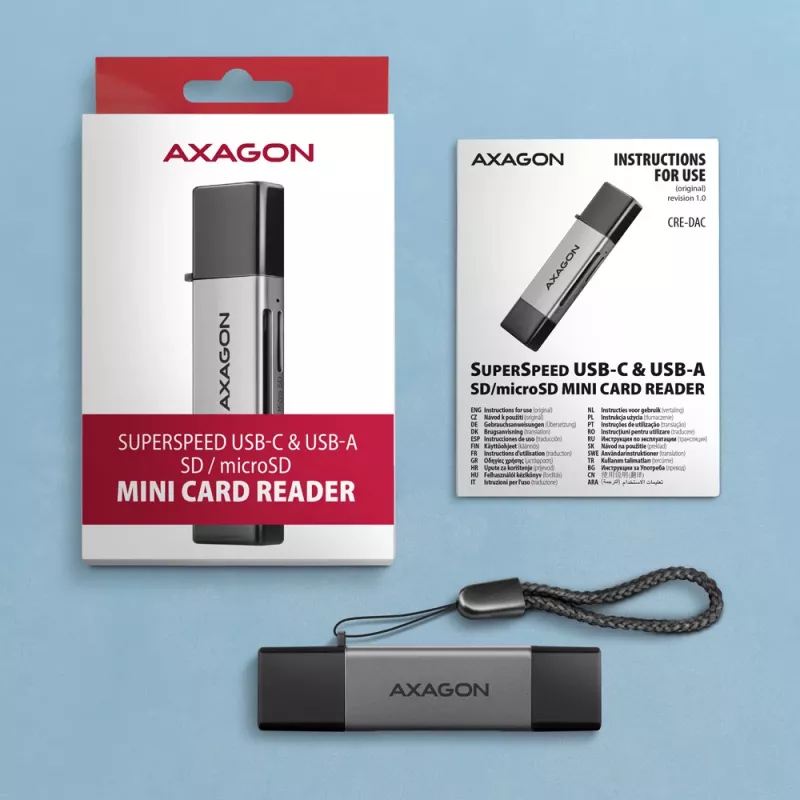 Axagon CRE-DAC USB-C+ USB-A 5 Gbps MINI 2 lizdų SD/microSD kortelių skaitytuvas USB 3.0 Type-A/Type-C pilka