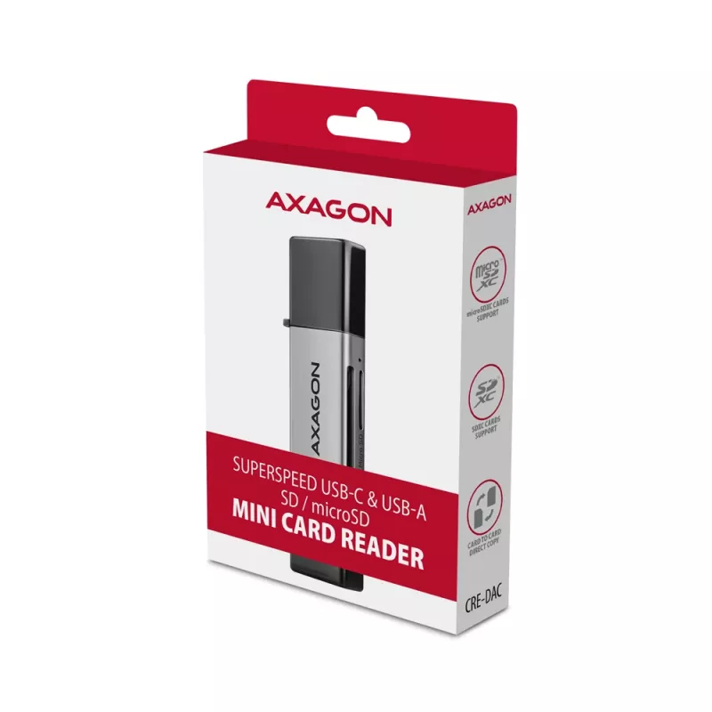 Axagon CRE-DAC USB-C+ USB-A 5 Gbps MINI 2 lizdų SD/microSD kortelių skaitytuvas USB 3.0 Type-A/Type-C pilka