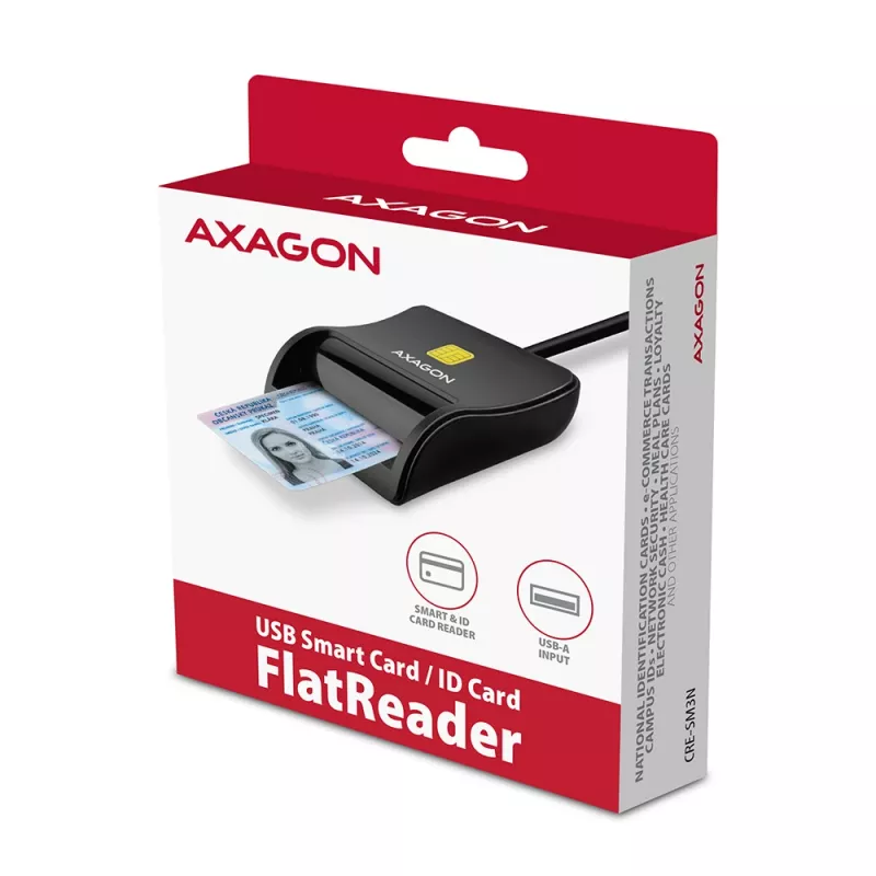 Axagon CRE-SM3N USB-A plokščiasis kortelių skaitytuvas, USB 2.0, 1,3 m, juodas, 57 g
