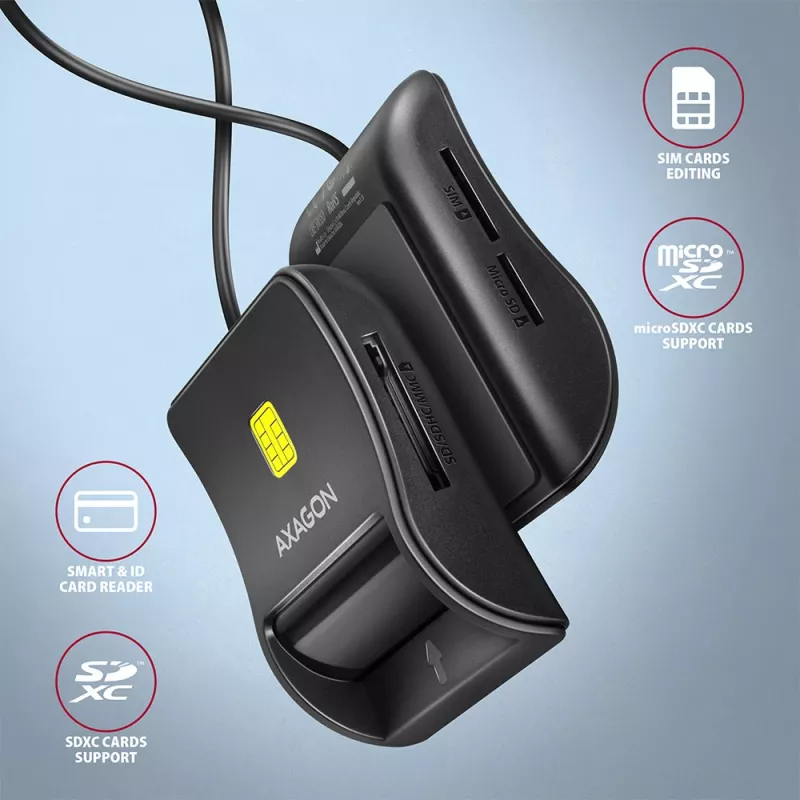 Axagon CRE-SM3SD USB kortelių skaitytuvas Smart Card / SD / microSD / SIM, juodas