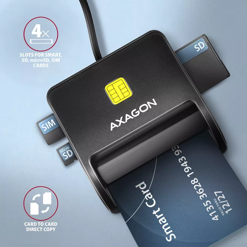 Axagon CRE-SM3SD USB kortelių skaitytuvas Smart Card / SD / microSD / SIM, juodas