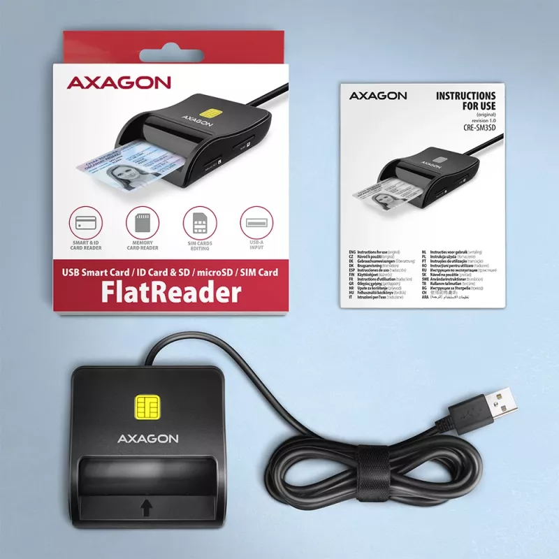 Axagon CRE-SM3SD USB kortelių skaitytuvas Smart Card / SD / microSD / SIM, juodas