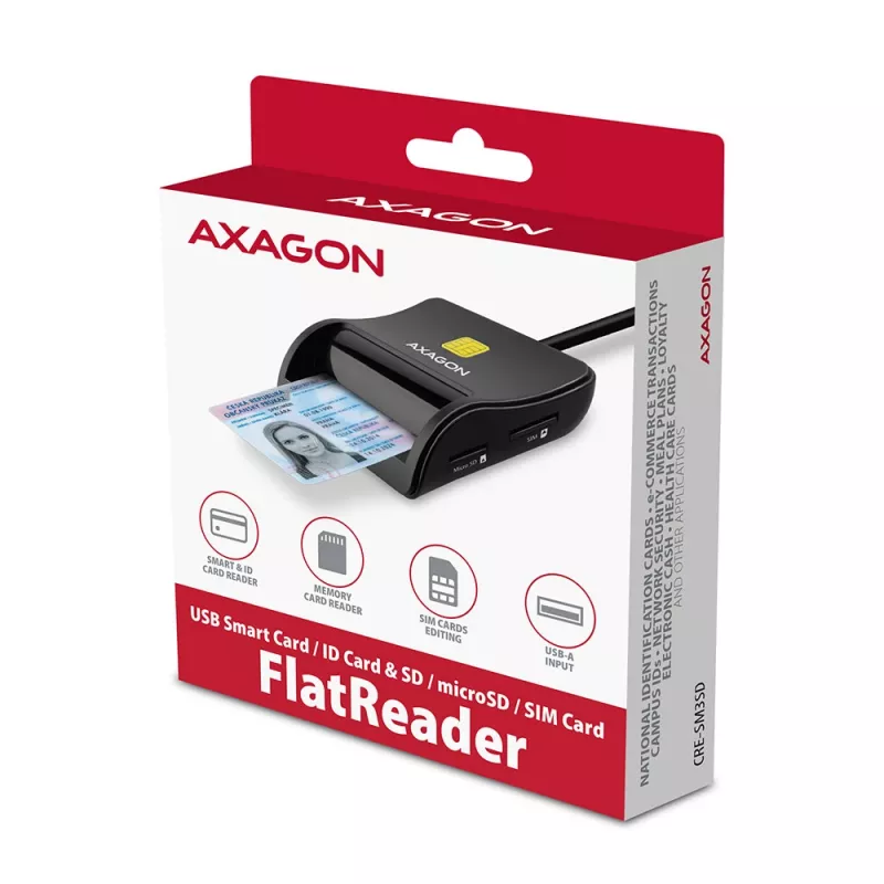 Axagon CRE-SM3SD USB kortelių skaitytuvas Smart Card / SD / microSD / SIM, juodas