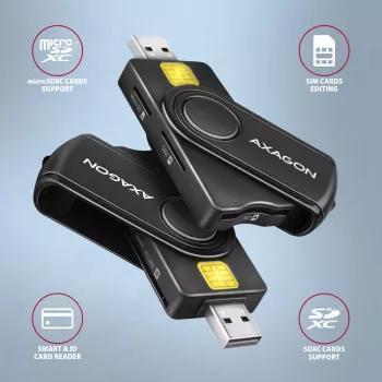 Axagon CRE-SMP2A USB kortelių skaitytuvas su SD/microSD/SIM lizdais, juodas