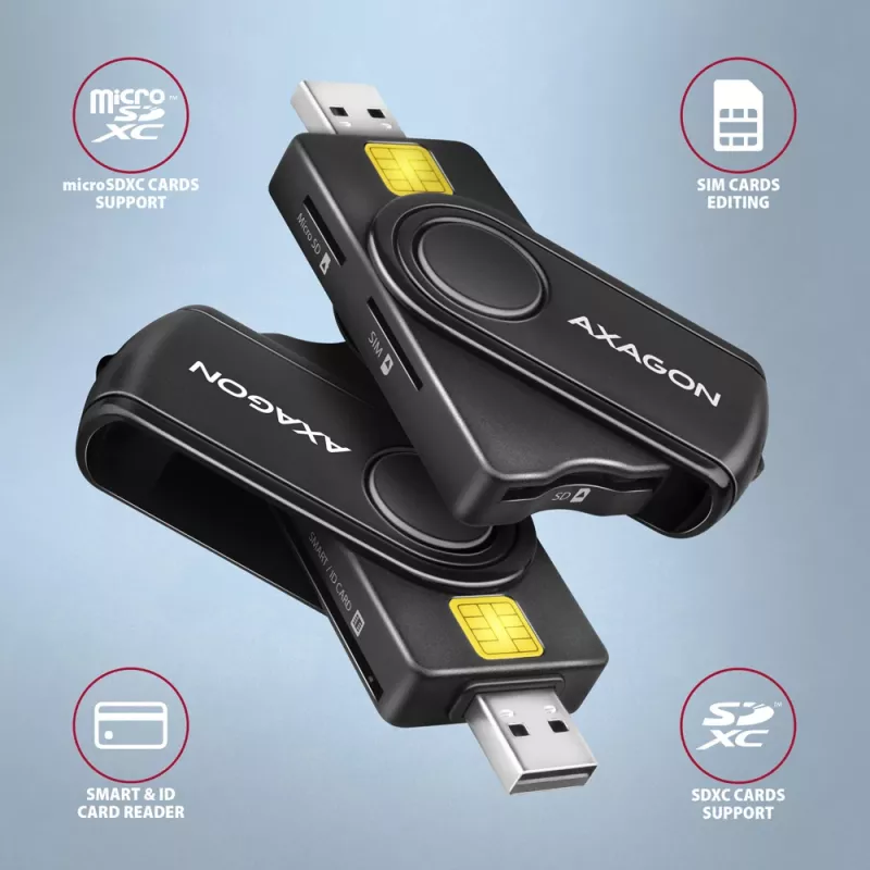 Axagon CRE-SMP2A USB kortelių skaitytuvas su SD/microSD/SIM lizdais, juodas