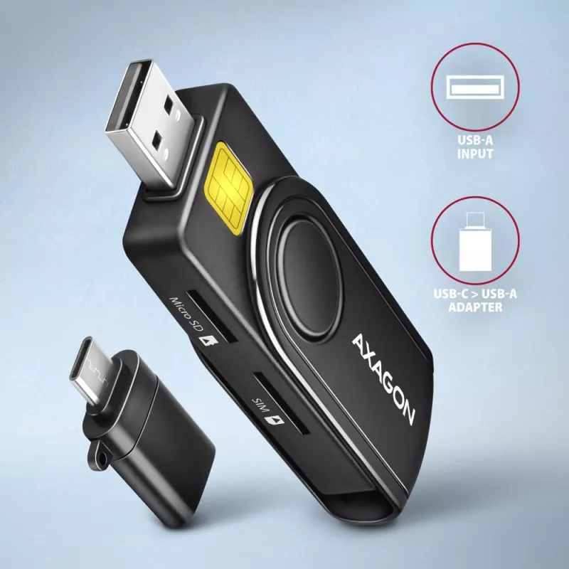 Axagon CRE-SMP2A USB kortelių skaitytuvas su SD/microSD/SIM lizdais, juodas