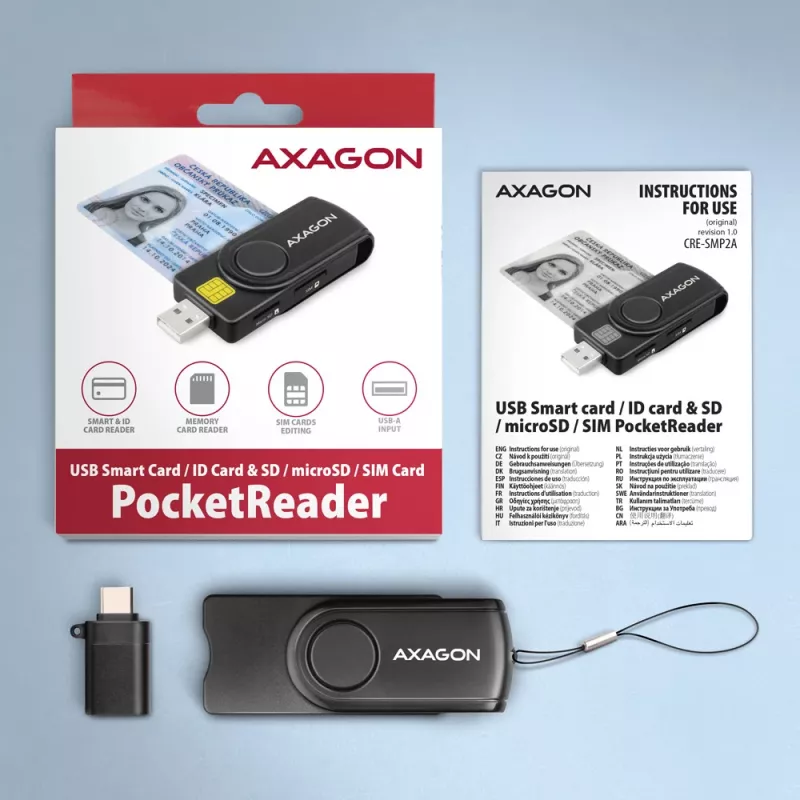 Axagon CRE-SMP2A USB kortelių skaitytuvas su SD/microSD/SIM lizdais, juodas