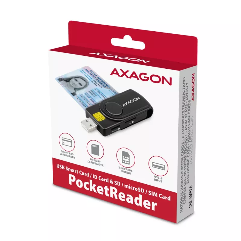 Axagon CRE-SMP2A USB kortelių skaitytuvas su SD/microSD/SIM lizdais, juodas