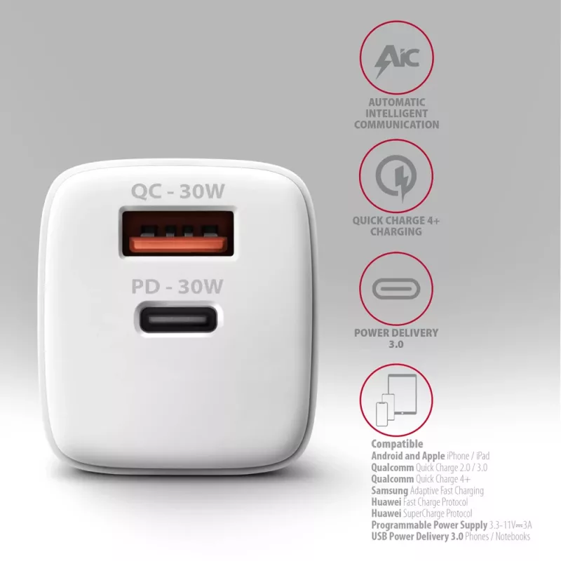 Įkroviklis Axagon ACU-PQ30W QC3.0 30W USB-C baltas