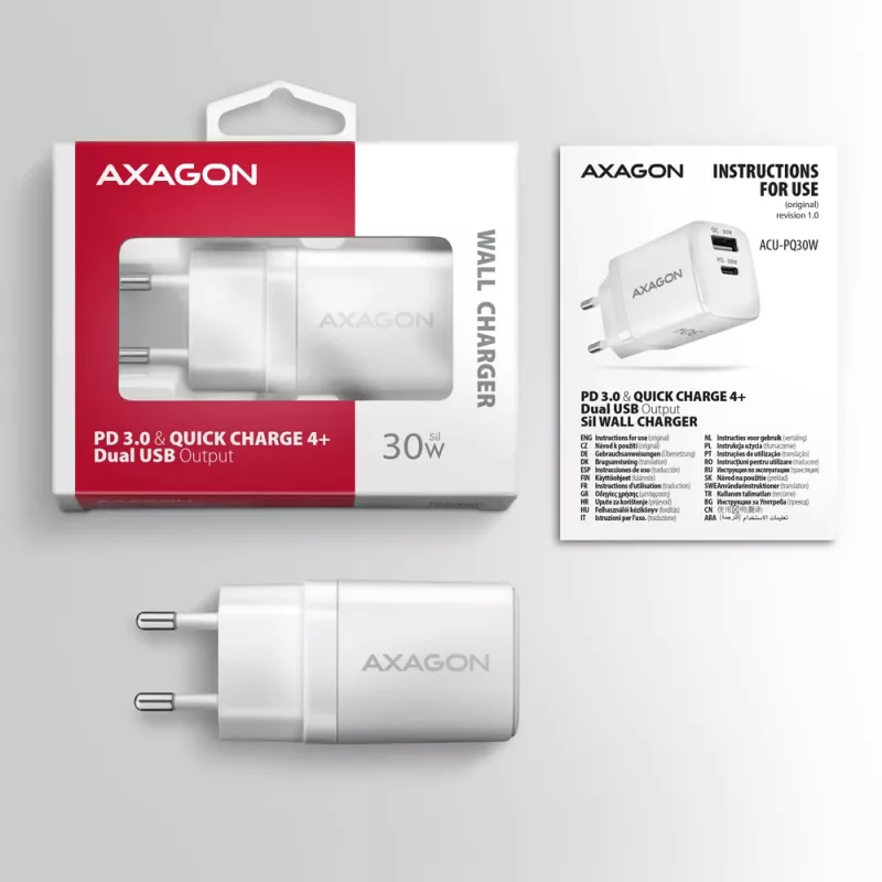 Įkroviklis Axagon ACU-PQ30W QC3.0 30W USB-C baltas