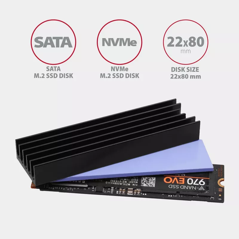Axagon CLR-M2L10 pasyvus aliumininis aušintuvas M.2 SSD, dydis 2280, aukštis 10 mm