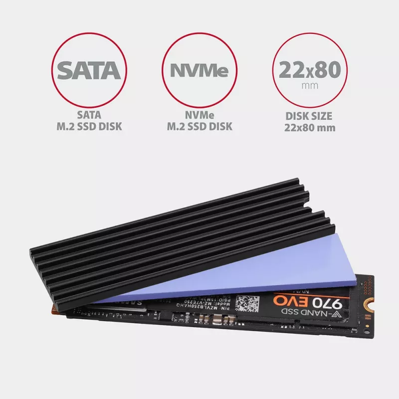 Axagon CLR-M2L3 pasyvus aliumininis radiatoriaus šilumos šalintuvas M.2 SSD diskams, dydis 2280, aukštis 3 mm