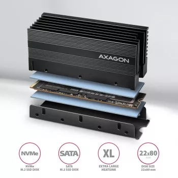 Axagon CLR-M2XL pasyvus aliumininis aušintuvas vienpusiams ir dvipusiams M.2 SSD diskams, dydis 2280, aukštis 36 mm