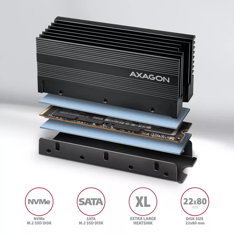 Axagon CLR-M2XL pasyvus aliumininis aušintuvas vienpusiams ir dvipusiams M.2 SSD diskams, dydis 2280, aukštis 36 mm