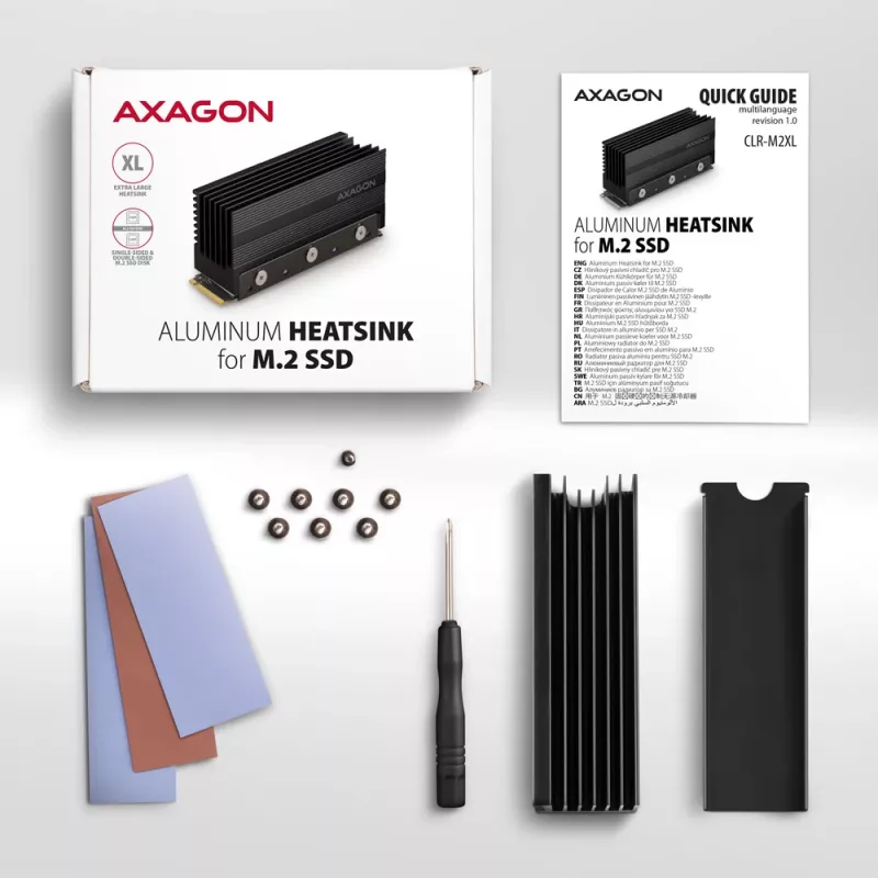 Axagon CLR-M2XL pasyvus aliumininis aušintuvas vienpusiams ir dvipusiams M.2 SSD diskams, dydis 2280, aukštis 36 mm