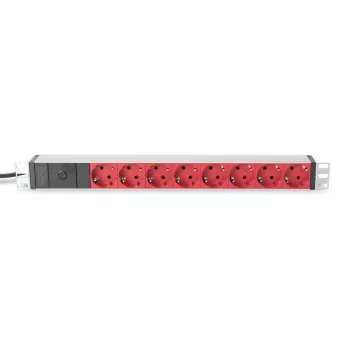 DIGITUS 1U aliuminio PDU, montuojamas stove, 10A kištukas, 250VAC 50/60Hz, 8x raudoni CEE 7/7 lizdai su saugikliu, IEC C14 jungtis
