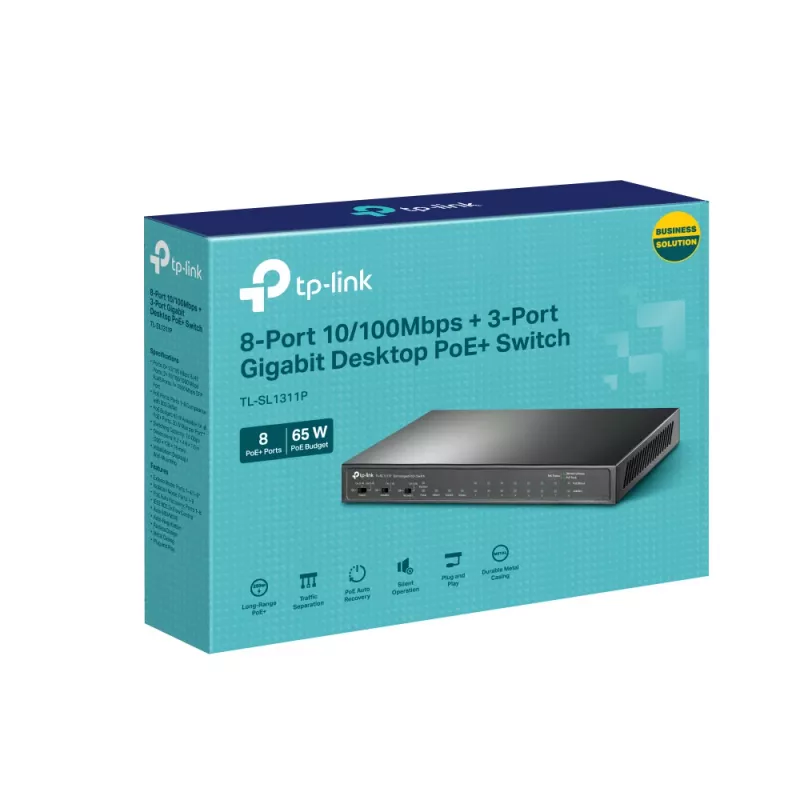 TP-Link 8 prievadų 10/100Mbps + 3 prievadų Gigabit stalinis jungiklis su 8 prievadų PoE+