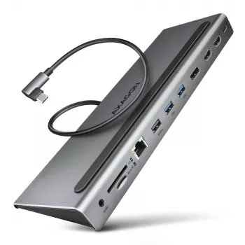 Dockavimo stotelė Axagon HMC-4KX3 USB-C 5Gbps centras, 3x USB-A, 2x HDMI, DP, RJ-45, SD/microSD, garsas, PD 100W, kabelis 40cm
