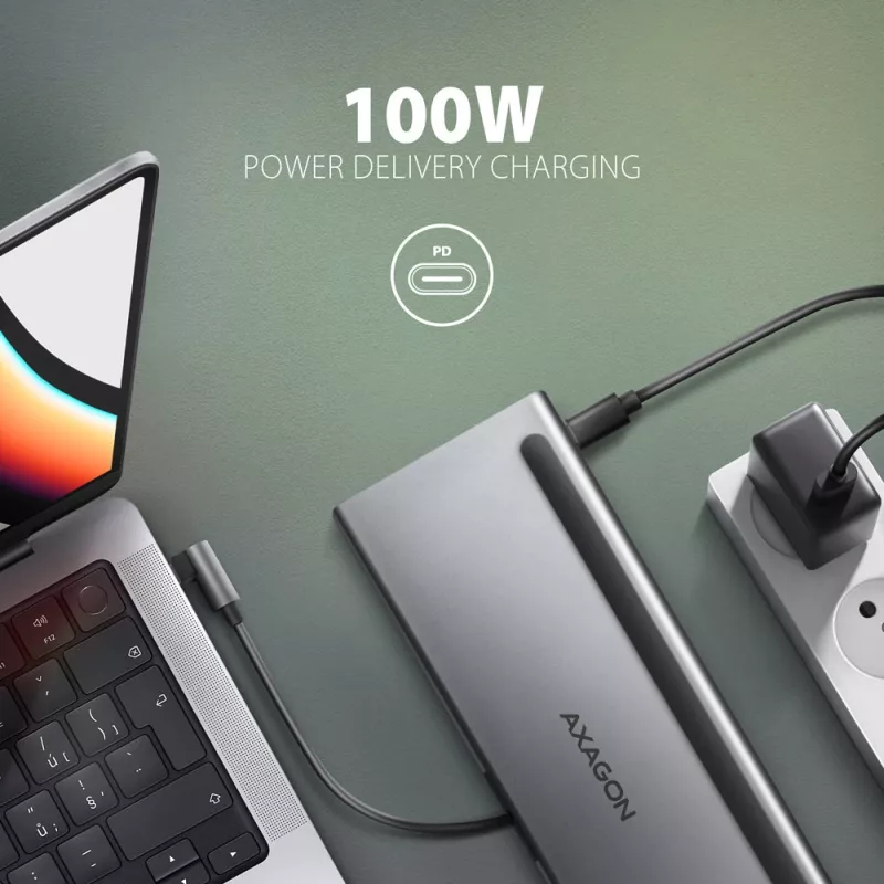 Dockavimo stotelė Axagon HMC-4KX3 USB-C 5Gbps centras, 3x USB-A, 2x HDMI, DP, RJ-45, SD/microSD, garsas, PD 100W, kabelis 40cm