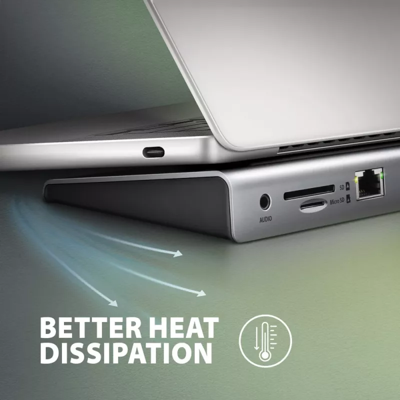 Dockavimo stotelė Axagon HMC-4KX3 USB-C 5Gbps centras, 3x USB-A, 2x HDMI, DP, RJ-45, SD/microSD, garsas, PD 100W, kabelis 40cm