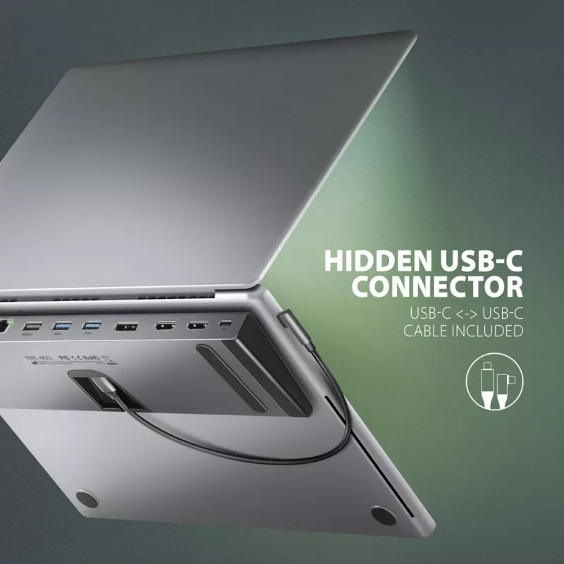 Dockavimo stotelė Axagon HMC-4KX3 USB-C 5Gbps centras, 3x USB-A, 2x HDMI, DP, RJ-45, SD/microSD, garsas, PD 100W, kabelis 40cm