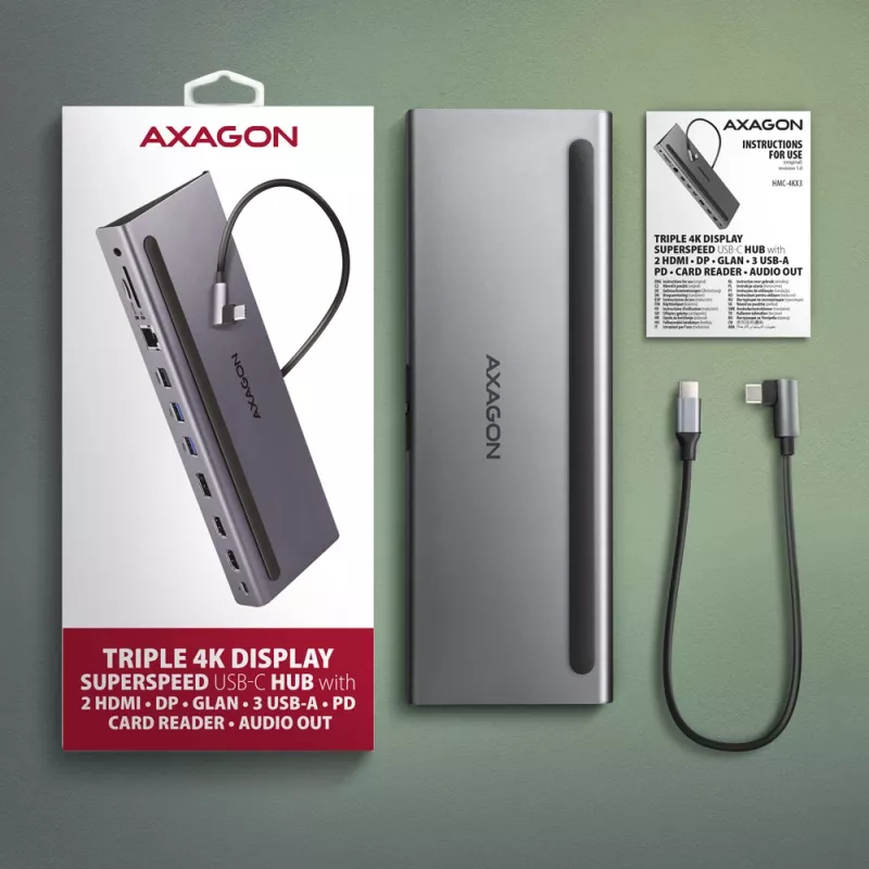 Dockavimo stotelė Axagon HMC-4KX3 USB-C 5Gbps centras, 3x USB-A, 2x HDMI, DP, RJ-45, SD/microSD, garsas, PD 100W, kabelis 40cm