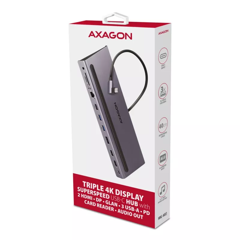 Dockavimo stotelė Axagon HMC-4KX3 USB-C 5Gbps centras, 3x USB-A, 2x HDMI, DP, RJ-45, SD/microSD, garsas, PD 100W, kabelis 40cm