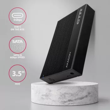 AXAGON EE35-GTR USB-C 5Gbps - SATA 6G, 3.5 colio briaunota dėžutė JUODA - USB Type C išorinis HDD korpusas 3.5 colio