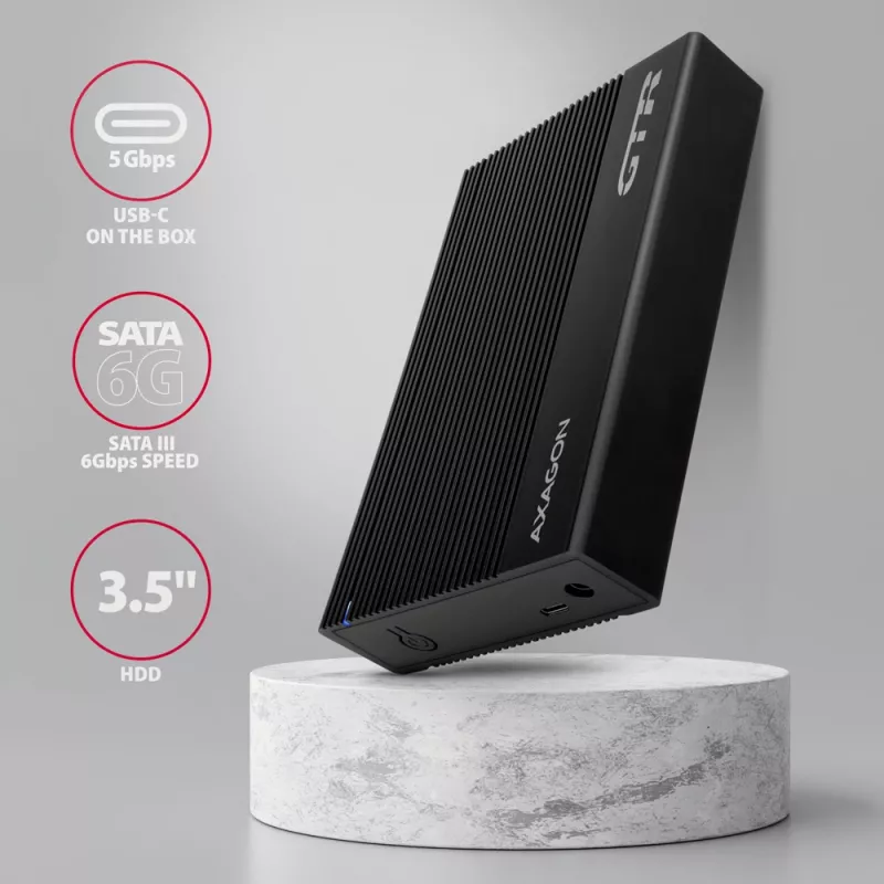 AXAGON EE35-GTR USB-C 5Gbps - SATA 6G, 3.5 colio briaunota dėžutė JUODA - USB Type C išorinis HDD korpusas 3.5 colio
