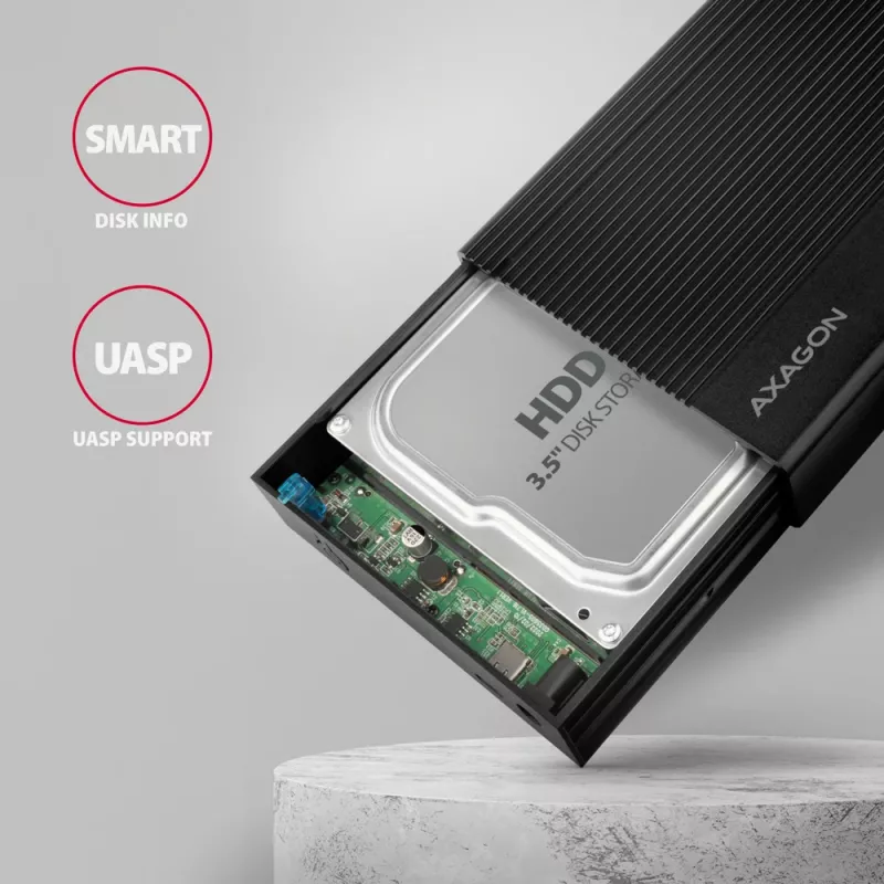 AXAGON EE35-GTR USB-C 5Gbps - SATA 6G, 3.5 colio briaunota dėžutė JUODA - USB Type C išorinis HDD korpusas 3.5 colio